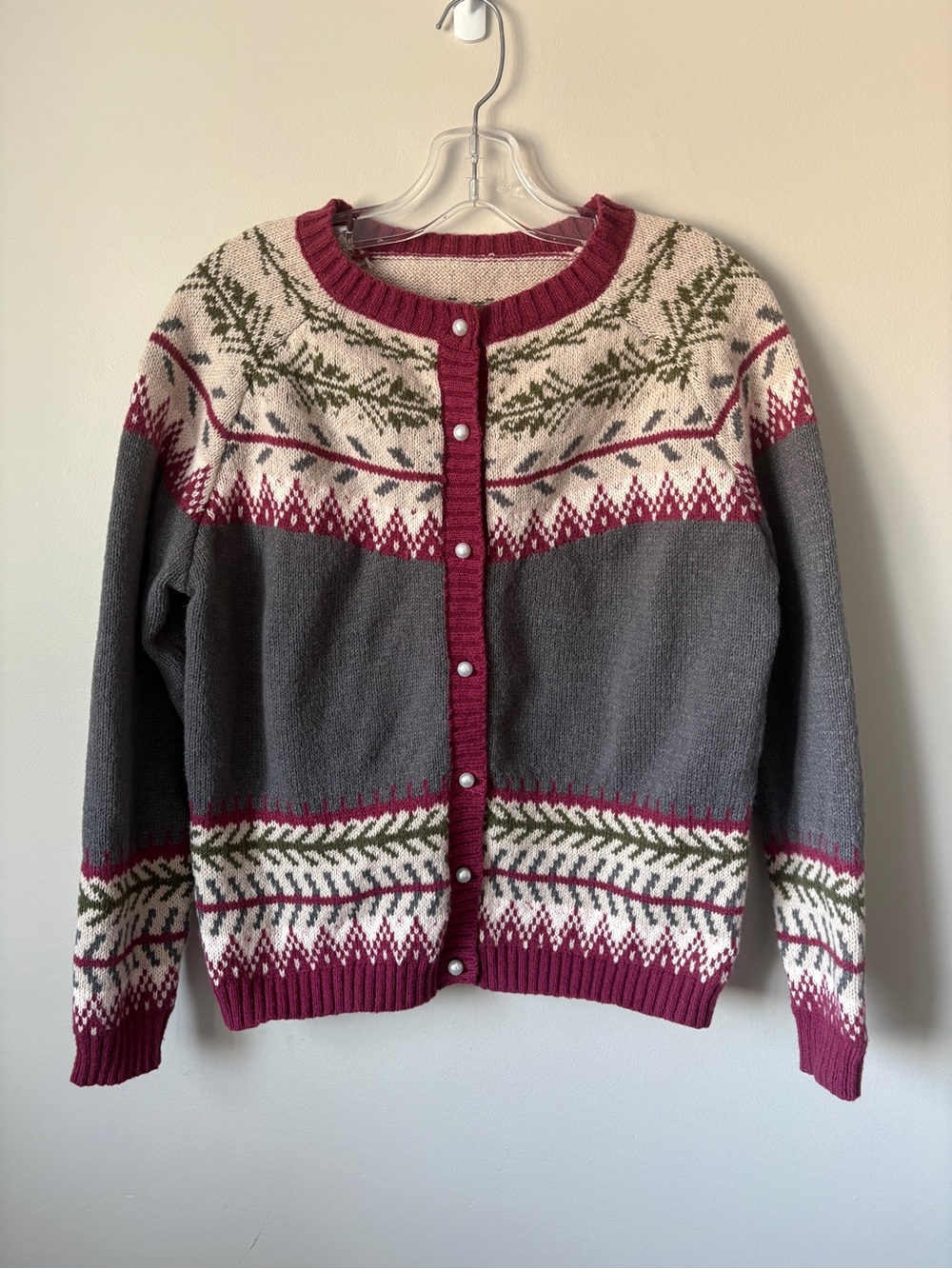 Nordic Fair Isle Knit Cardigan Sweater Faux Pearl Buttons Medium M